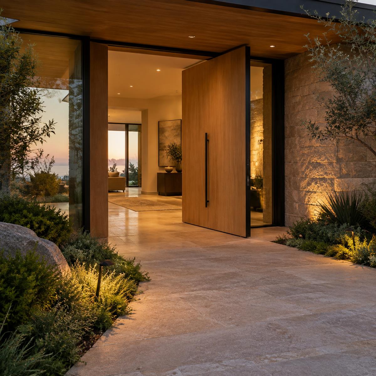 Welcoming step-free entry with a wide oak pivot door