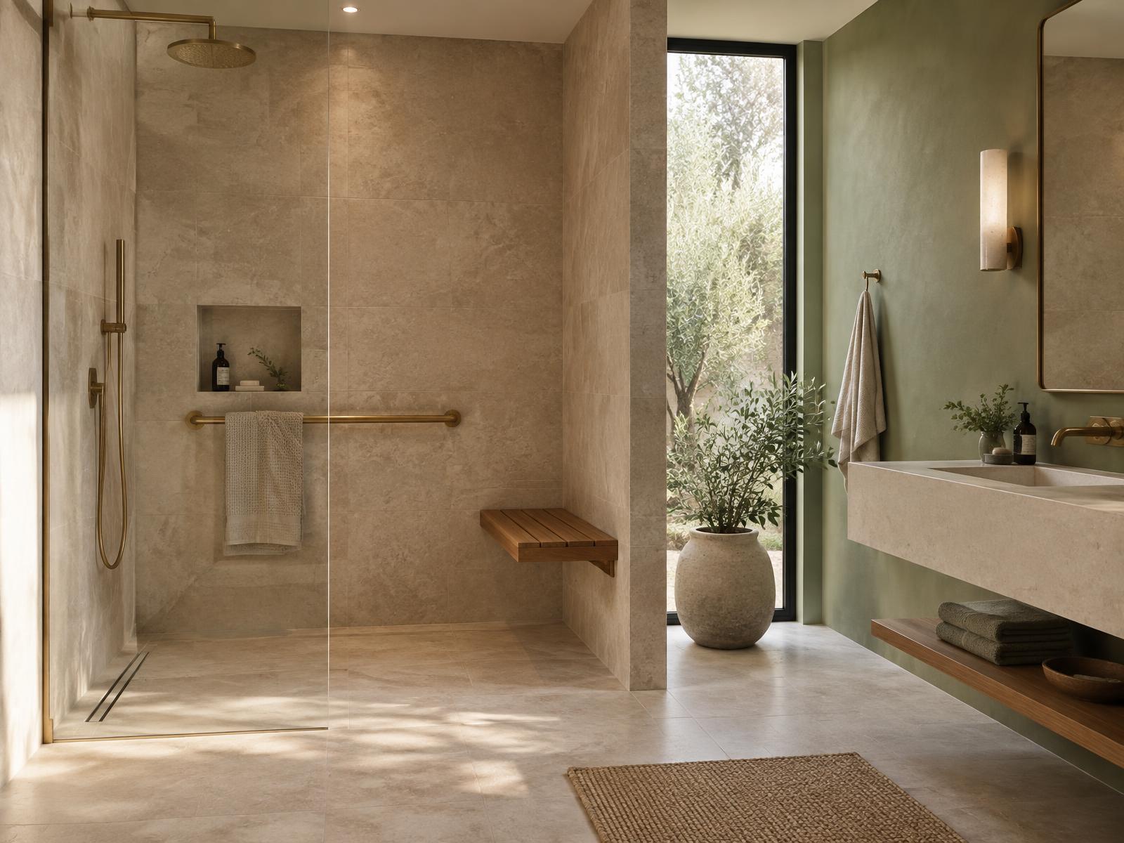 Serene modern bathroom with a curbless walk-in shower, teak bench and brass rail