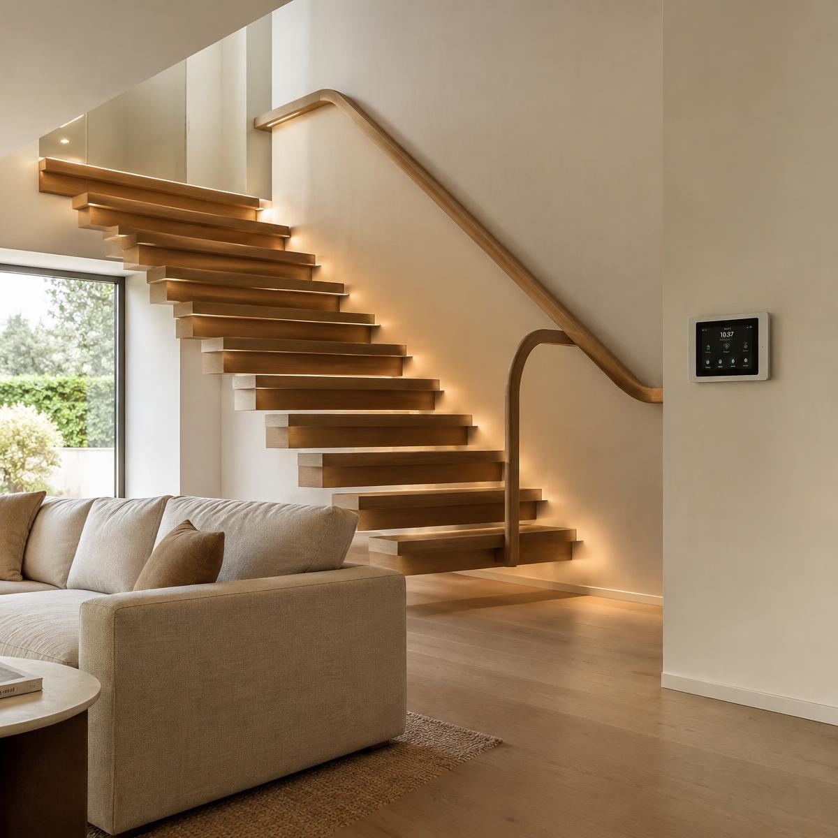 Floating oak staircase with sculptural handrail and step lighting